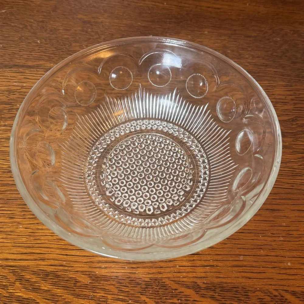 Vintage Cut Glass Serving Bowl Clear Hobnail Oval Pattern 9